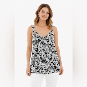 White House Black Market Black & White Floral Tank Top | Tropical Print | Size L